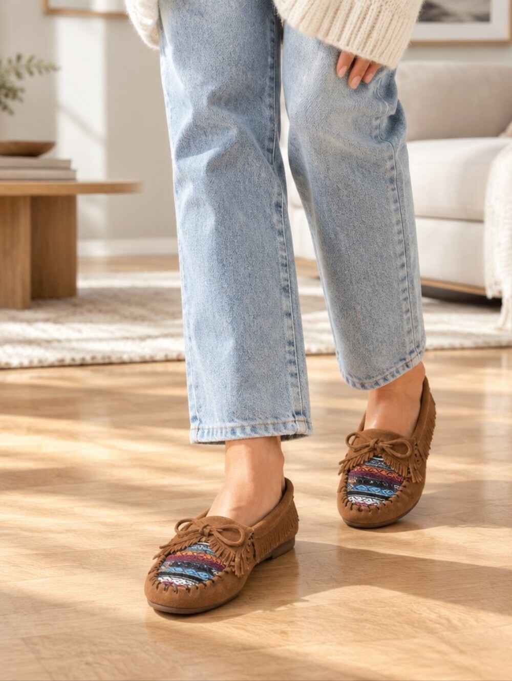 Minnetonka Embroidered Fringe Moccasin Flats in Brown